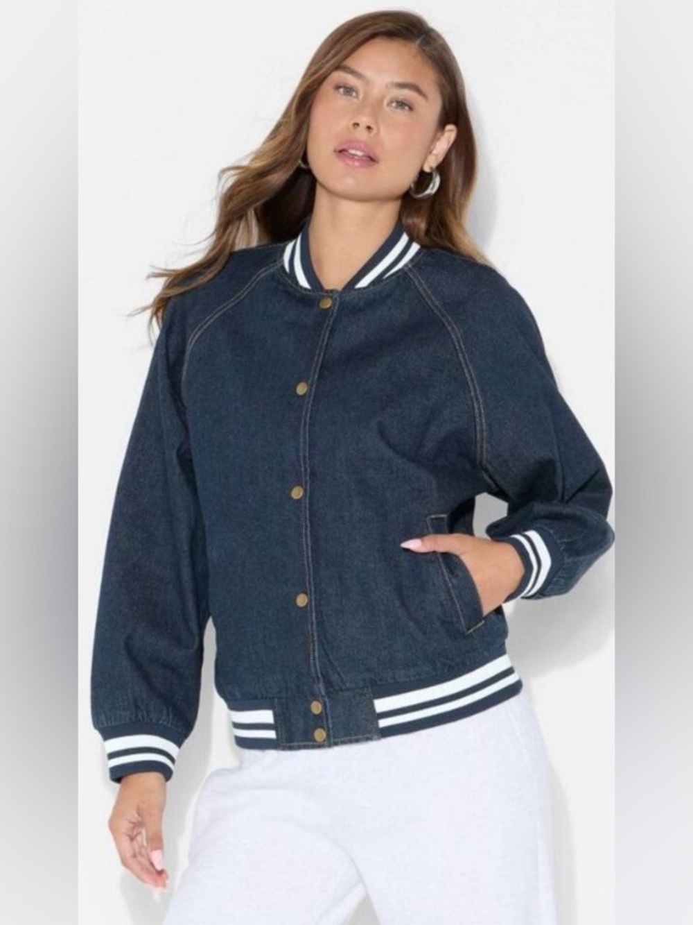 Denim Varsity Jacket with Striped Trim - Dark Blue